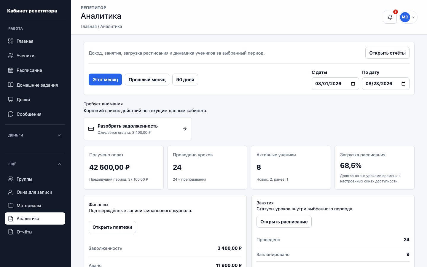 Рабочая аналитика репетитора в UrokDesk