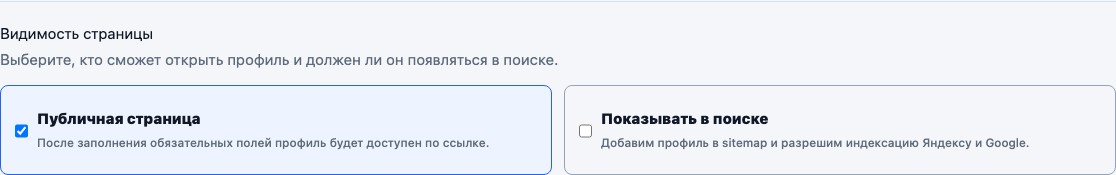 Видимость страницы: публичная страница включена, показ в поиске выключен